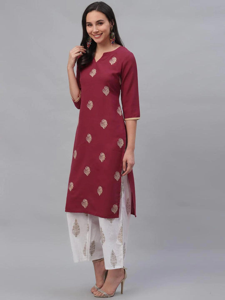 Maroon Embroidered Rayon Kurta