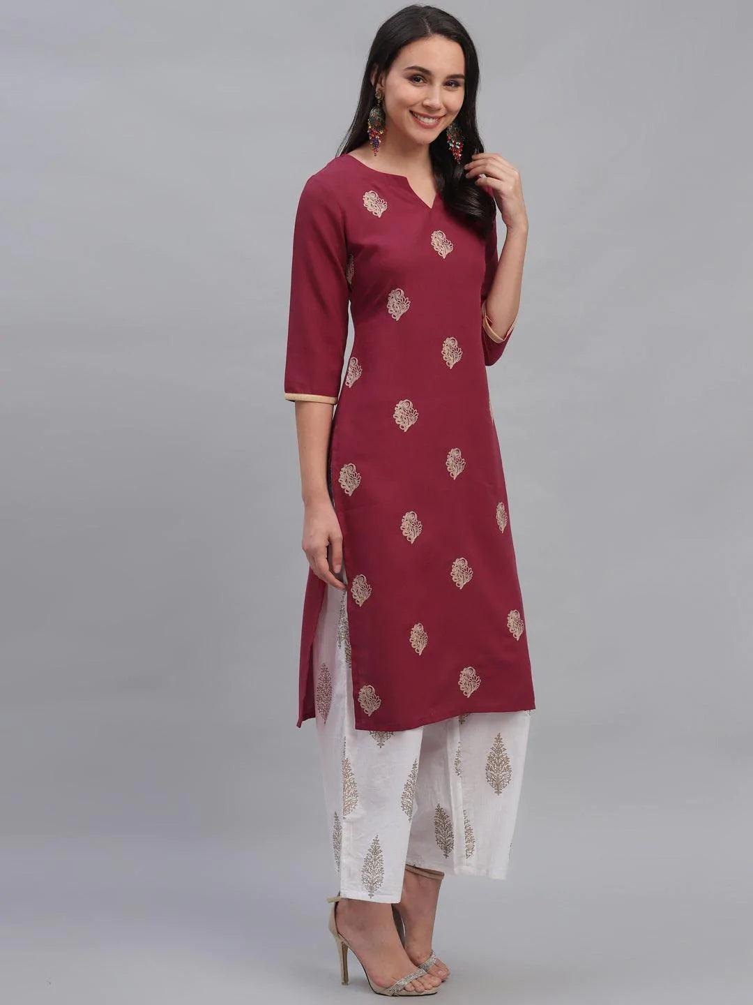 Maroon Embroidered Rayon Kurta - ShopLibas