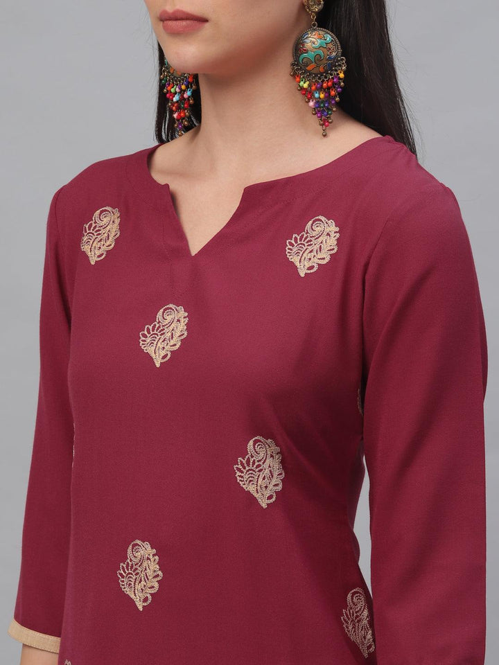 Maroon Embroidered Rayon Kurta