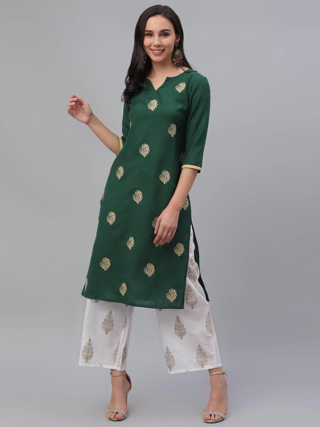 Green Embroidered Rayon Kurta - ShopLibas