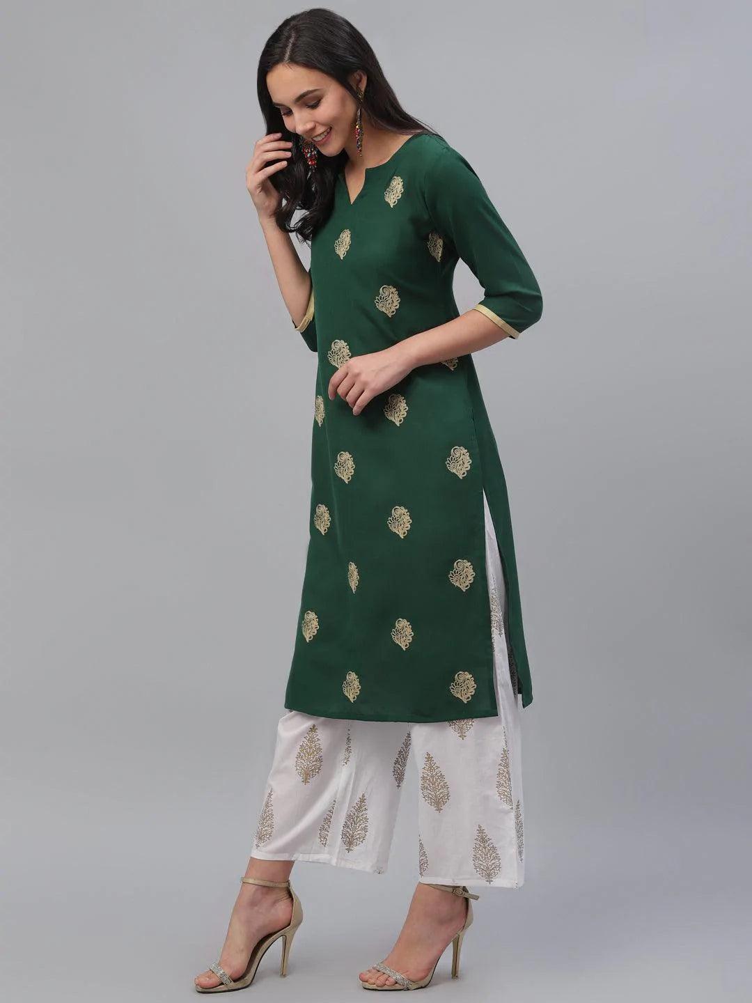 Green Embroidered Rayon Kurta - ShopLibas