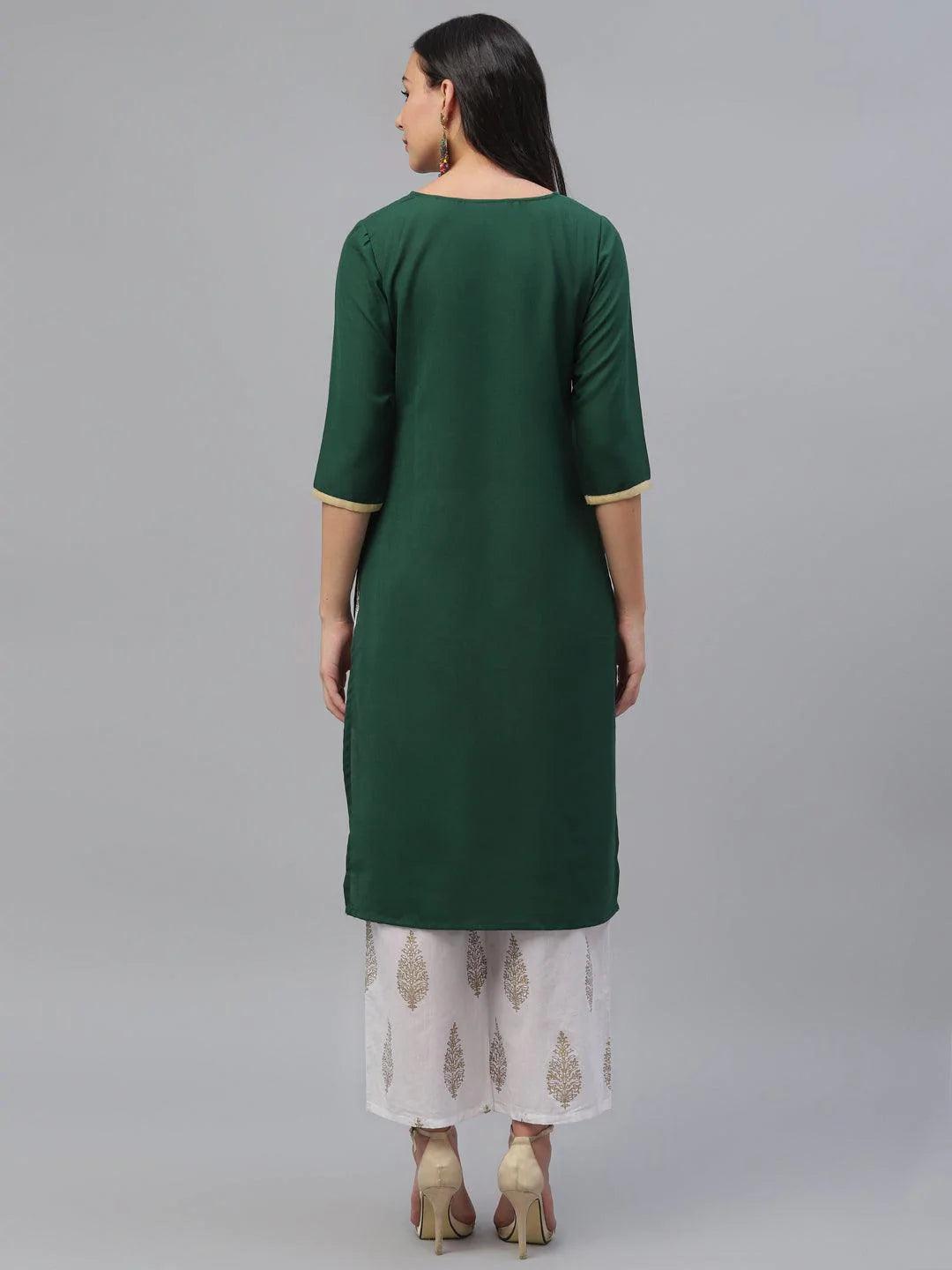 Green Embroidered Rayon Kurta - ShopLibas