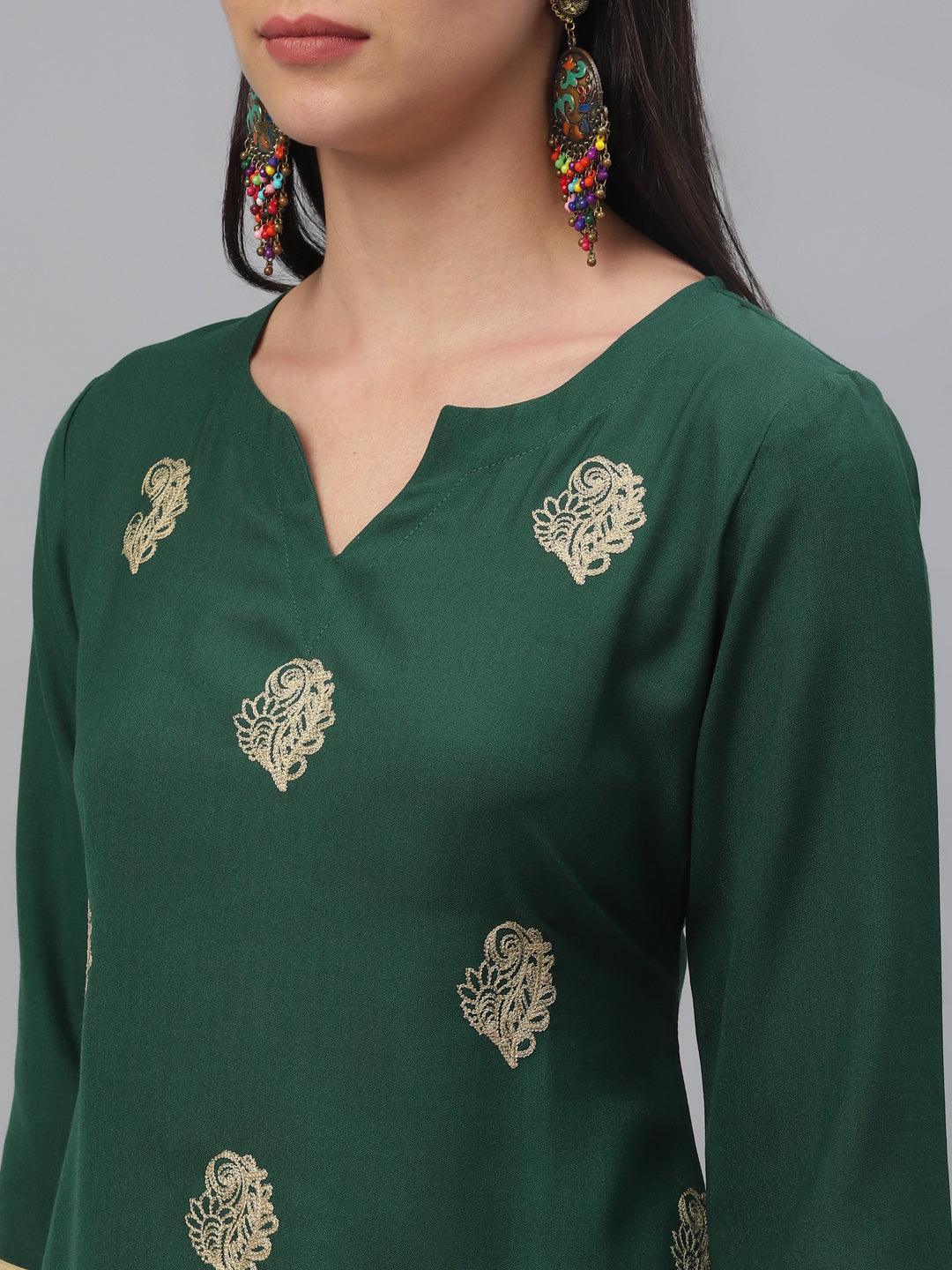 Green Embroidered Rayon Kurta - ShopLibas