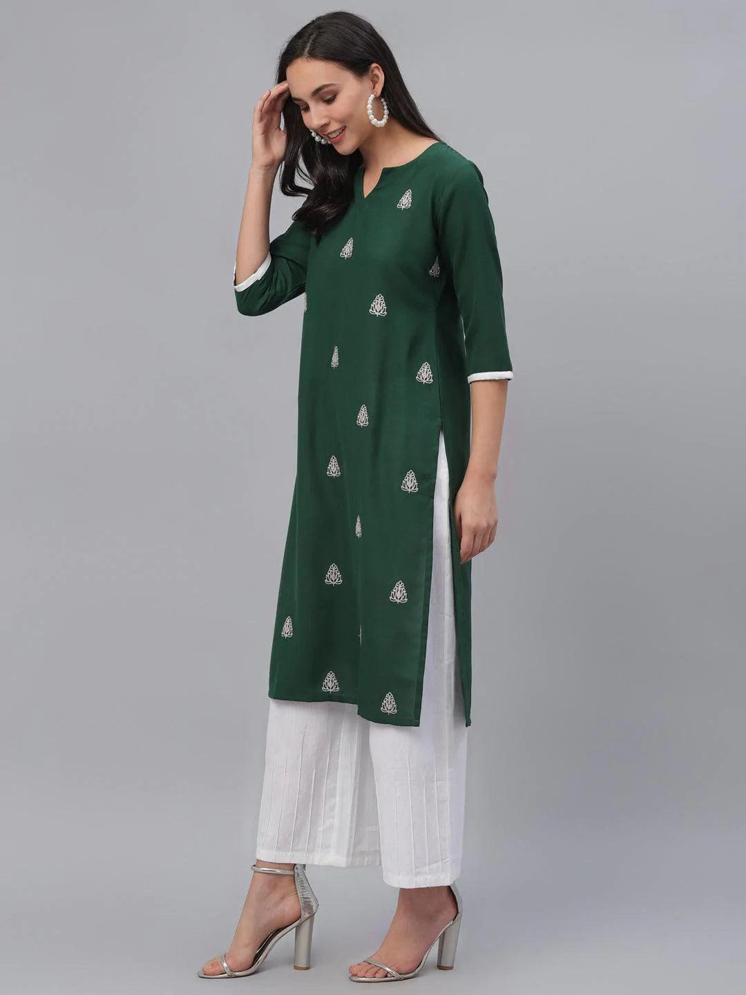 Green Embroidered Rayon Kurta - ShopLibas