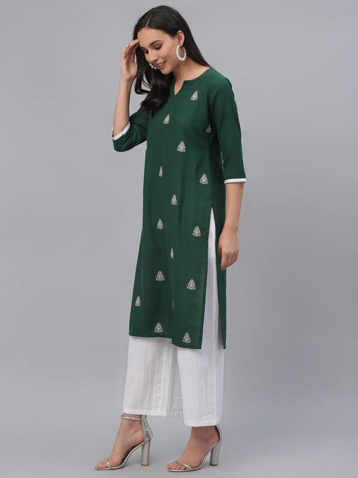 Green Embroidered Rayon Kurta