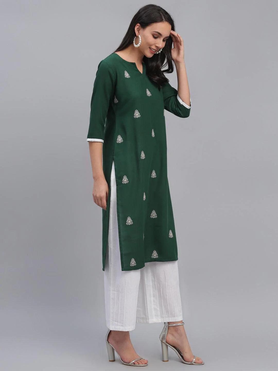 Green Embroidered Rayon Kurta - ShopLibas
