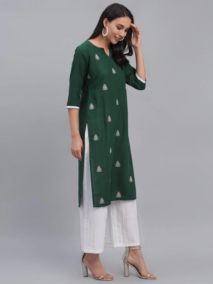 Green Embroidered Rayon Kurta