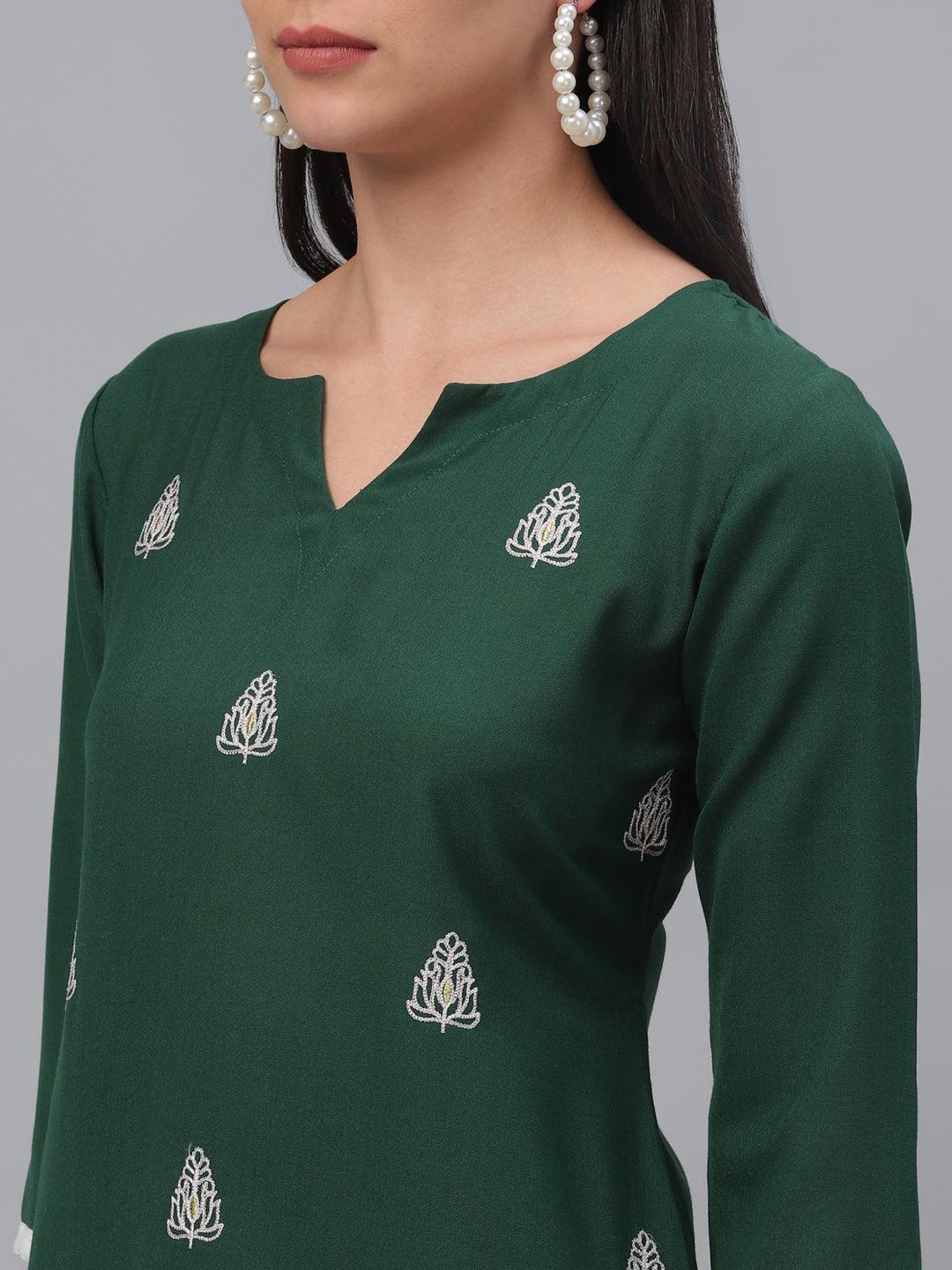 Green Embroidered Rayon Kurta - ShopLibas