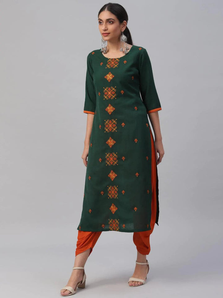 Green Embroidered Cotton Kurta