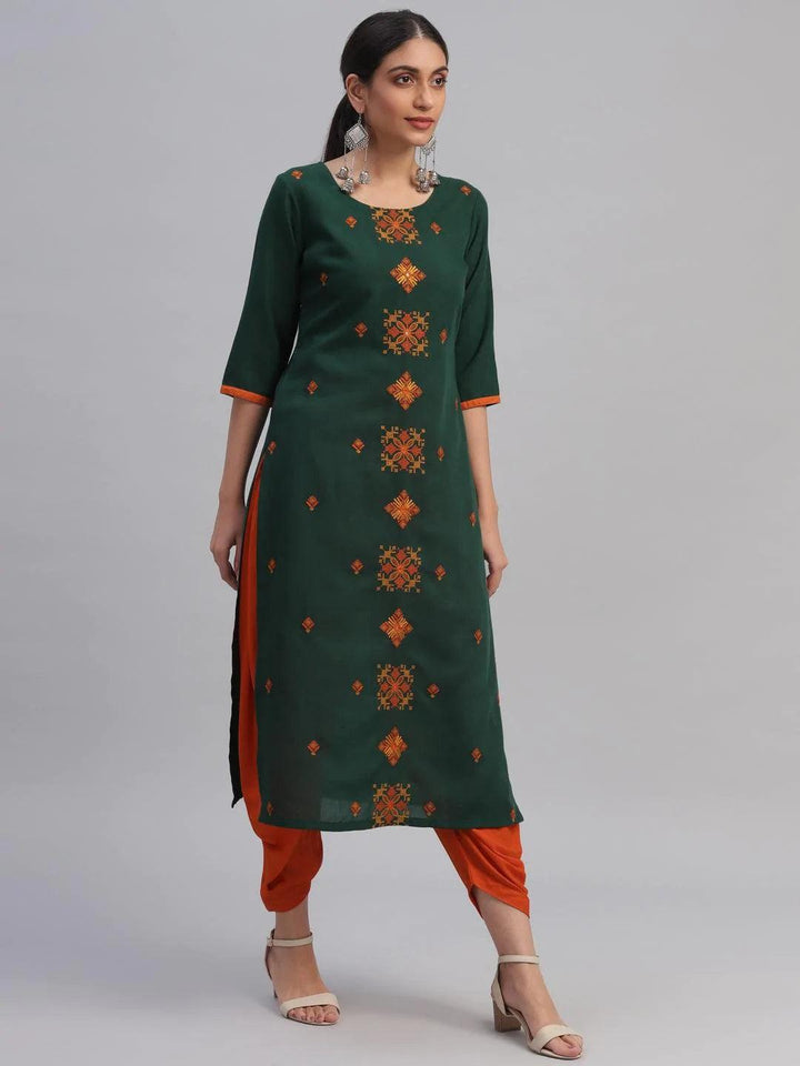 Green Embroidered Cotton Kurta