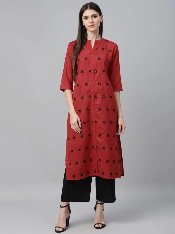 Red Embroidered Cotton Kurta