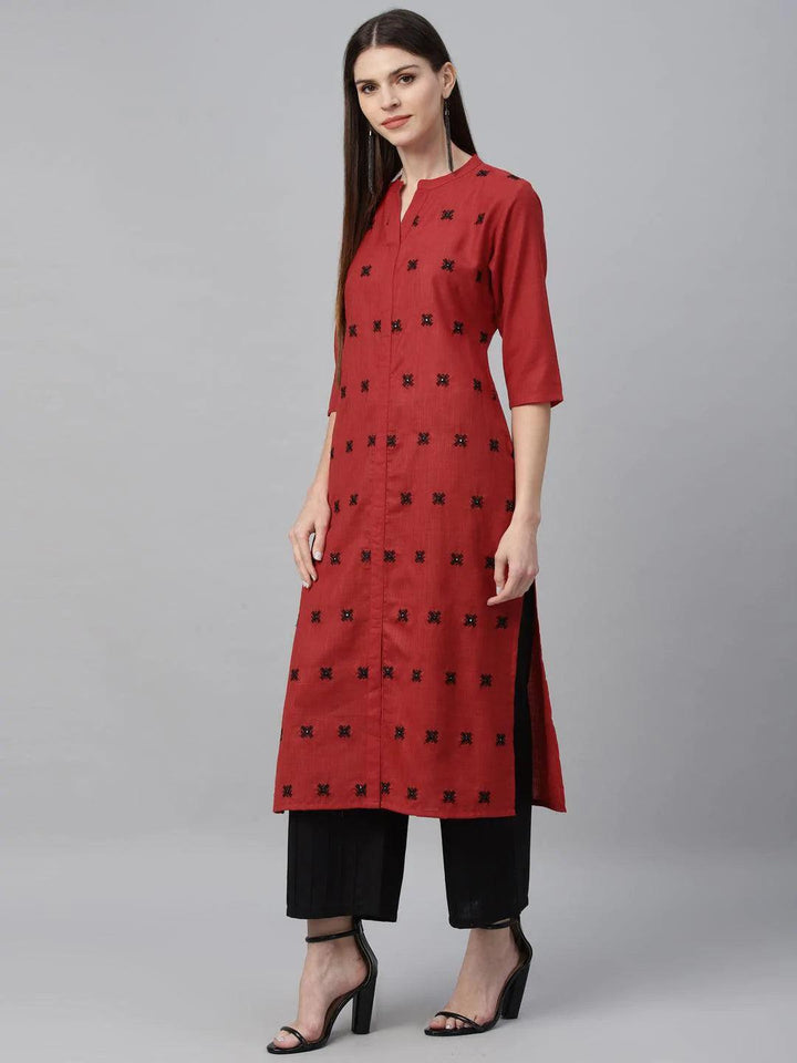Red Embroidered Cotton Kurta