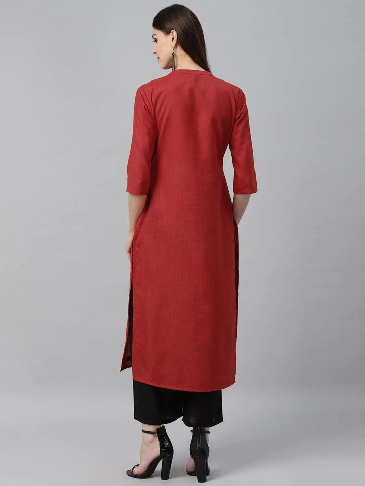 Red Embroidered Cotton Kurta