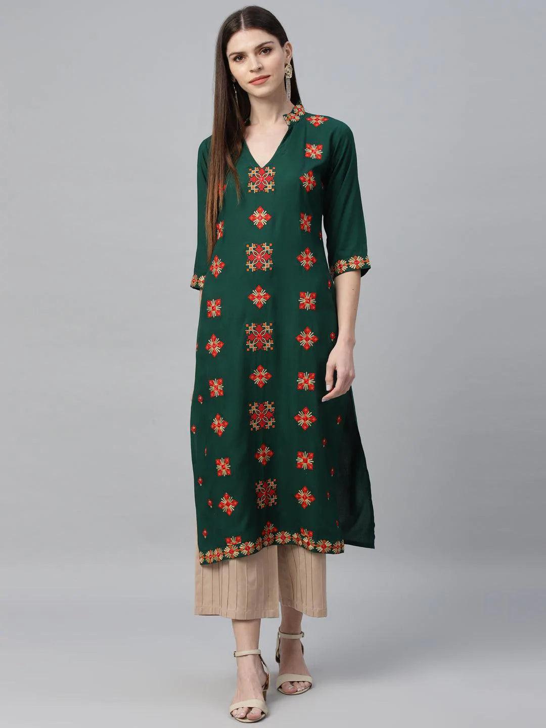 Green Embroidered Rayon Kurta - ShopLibas