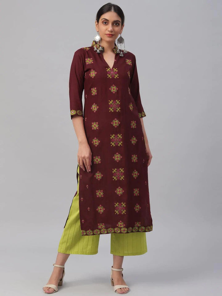 Maroon Embroidered Rayon Kurta