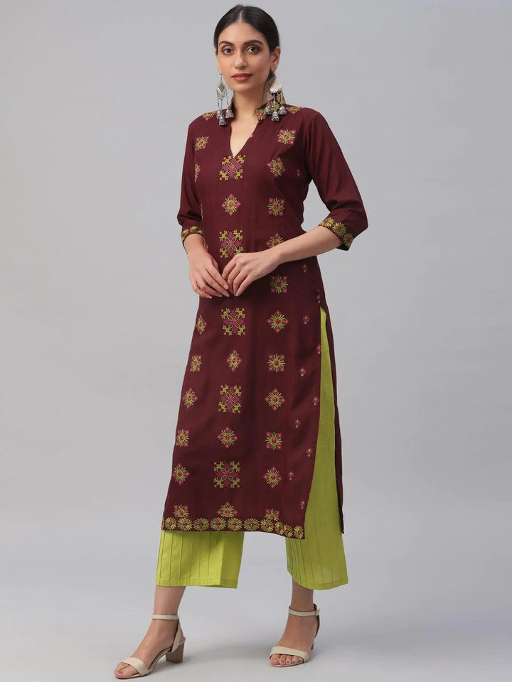 Maroon Embroidered Rayon Kurta