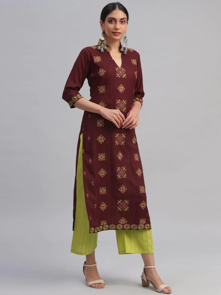 Maroon Embroidered Rayon Kurta