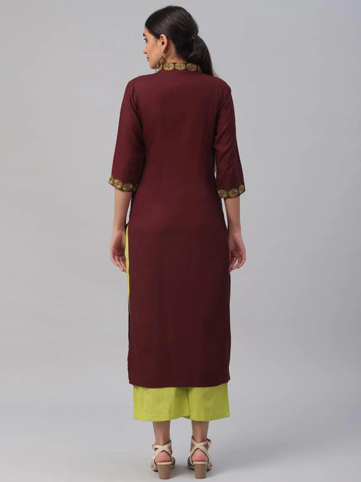 Maroon Embroidered Rayon Kurta