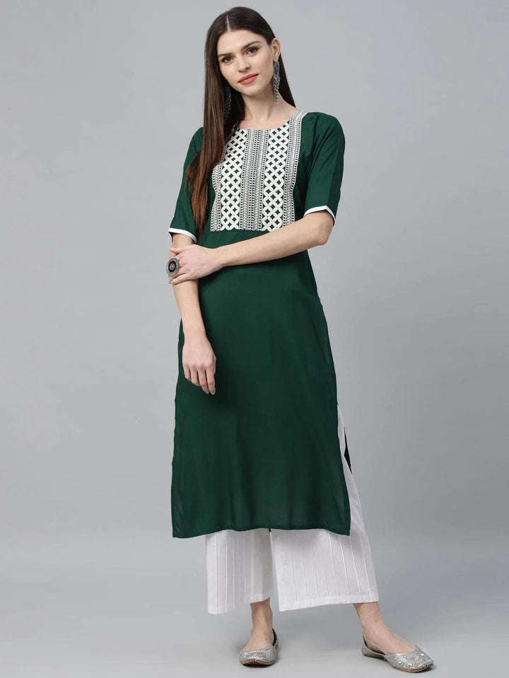 Green Embroidered Rayon Kurta