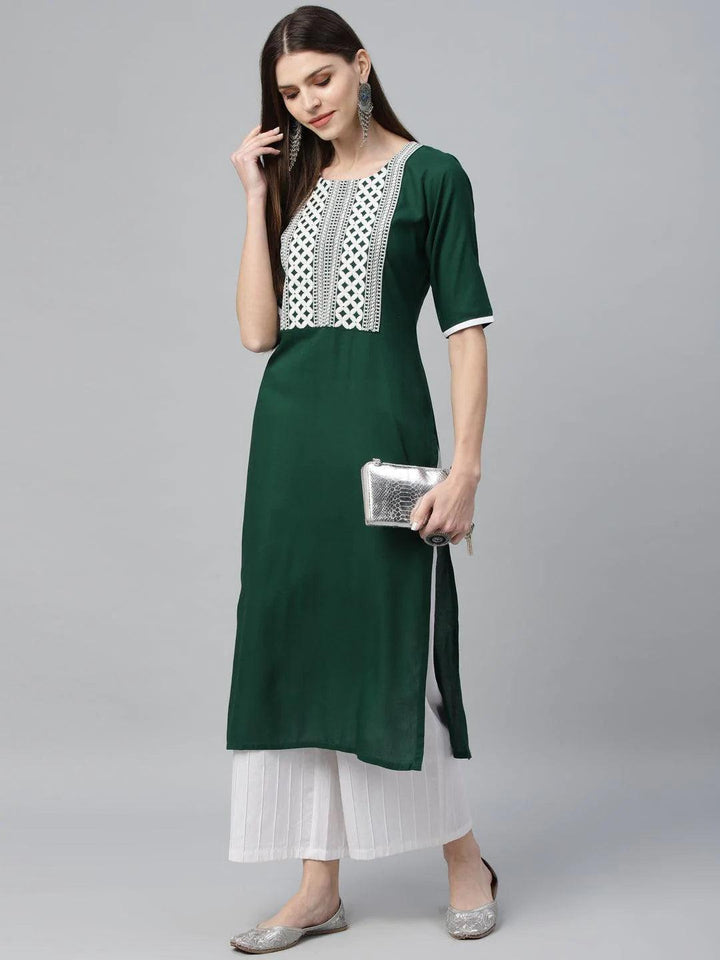 Green Embroidered Rayon Kurta