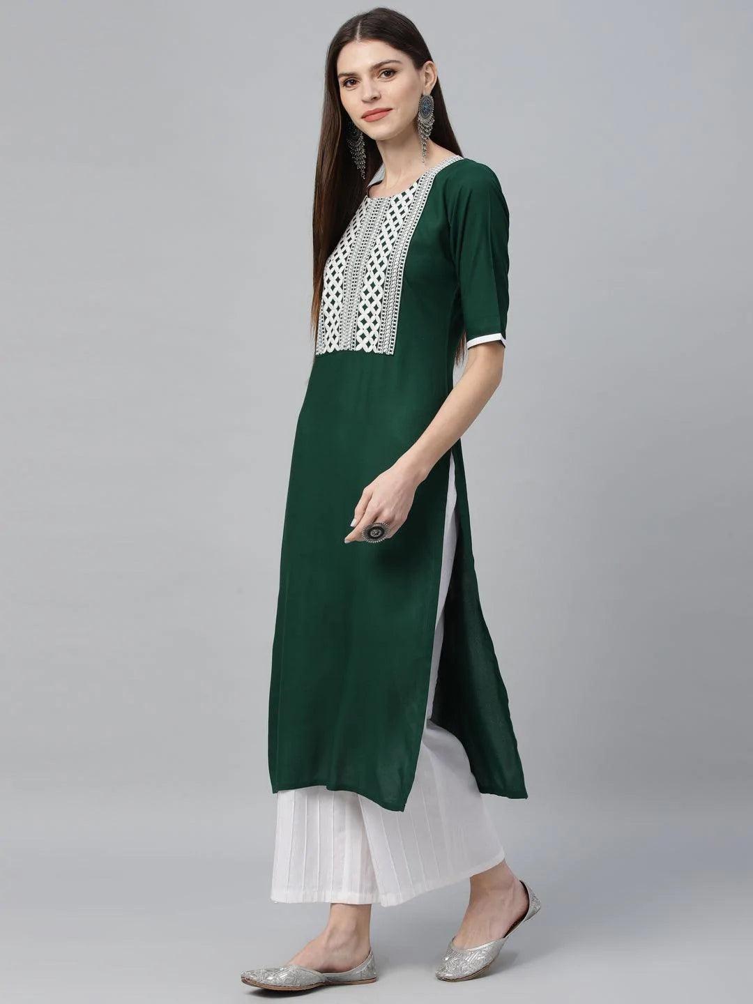 Green Embroidered Rayon Kurta - ShopLibas