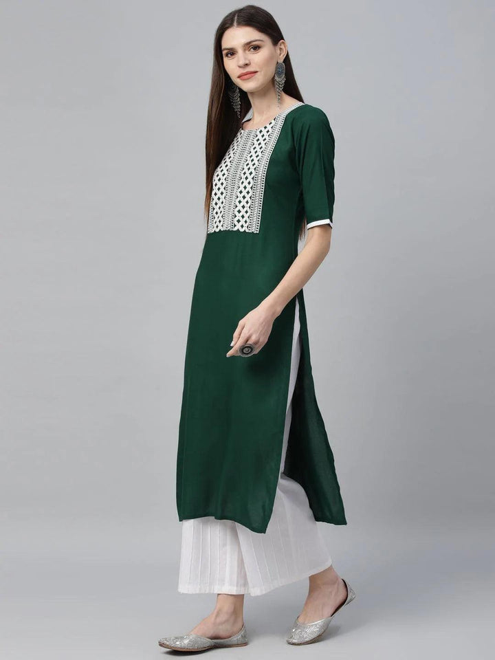 Green Embroidered Rayon Kurta