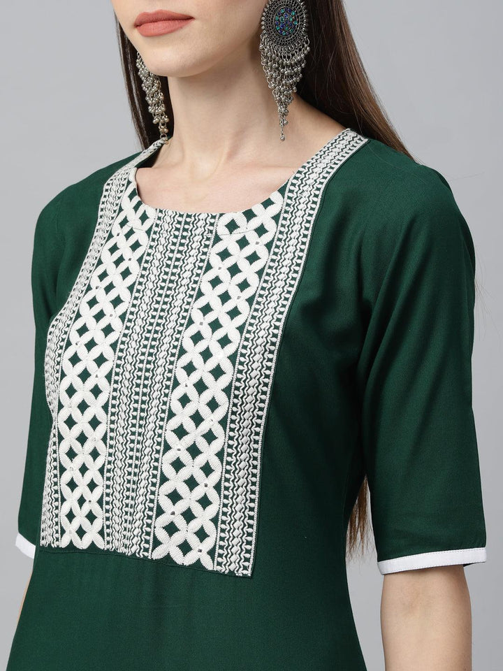 Green Embroidered Rayon Kurta