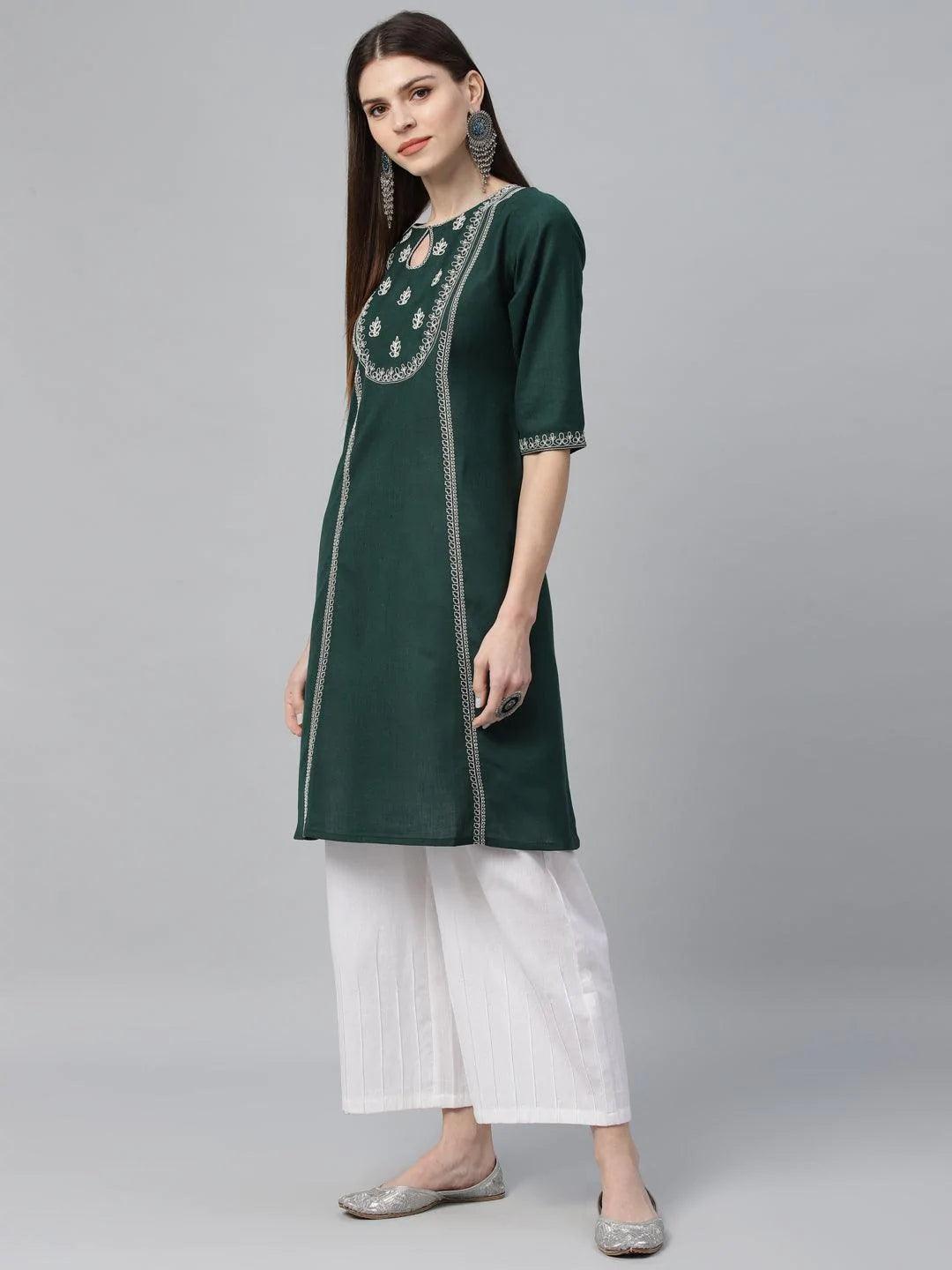 Green Embroidered Cotton Kurta - ShopLibas