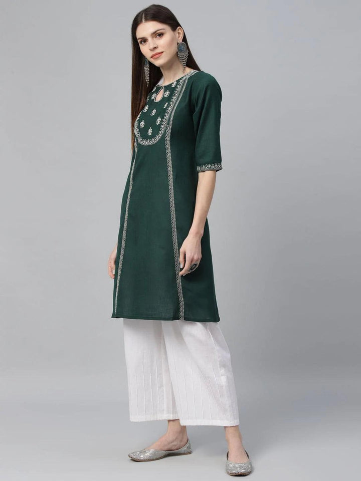 Green Embroidered Cotton Kurta