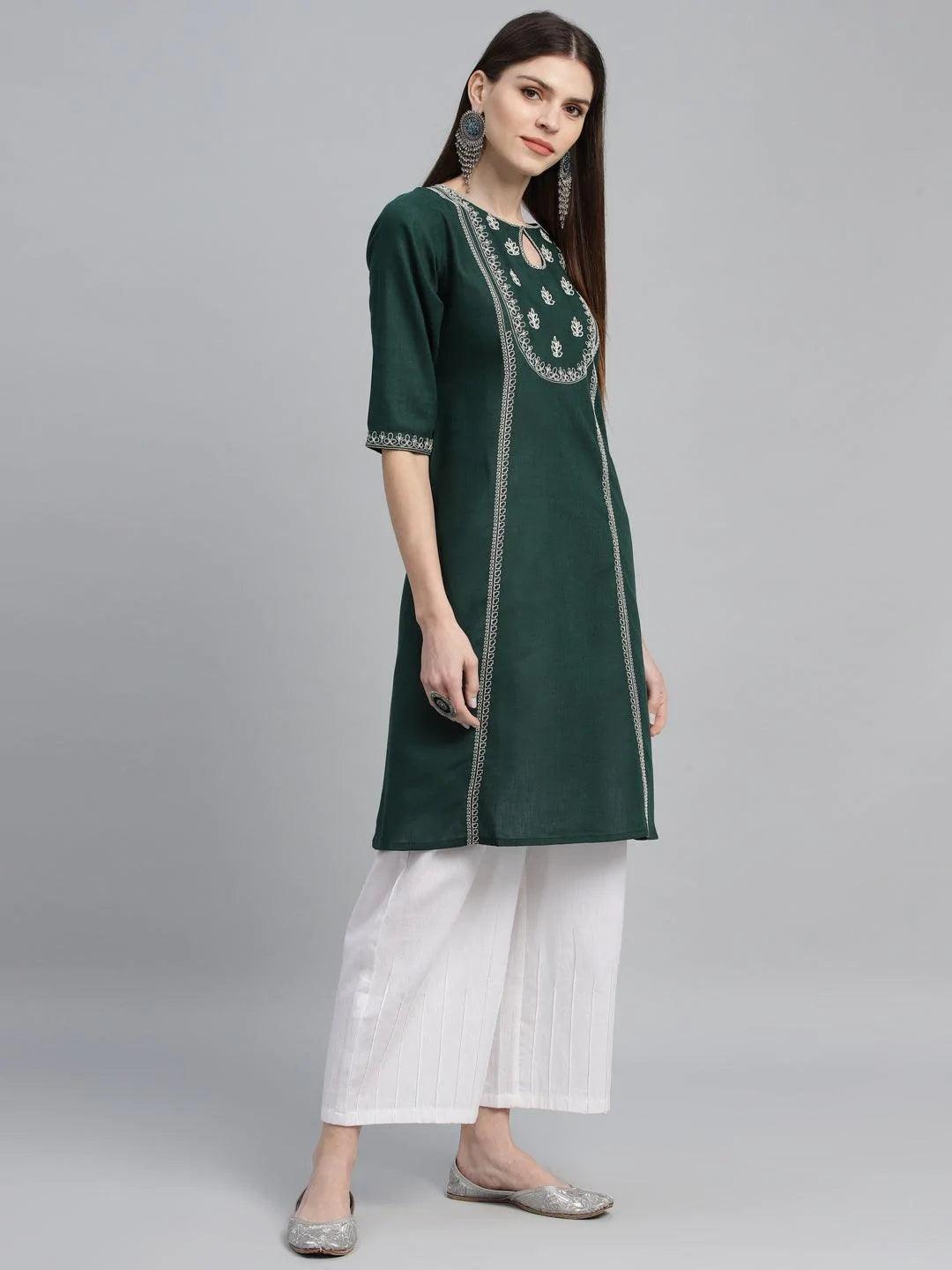 Green Embroidered Cotton Kurta - ShopLibas