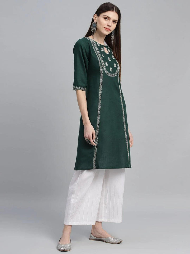Green Embroidered Cotton Kurta