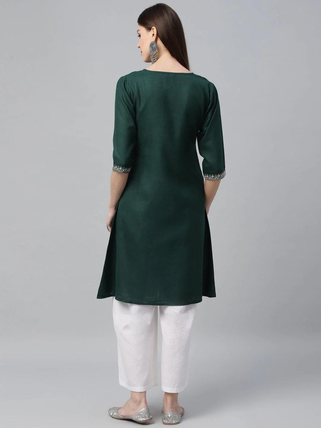 Green Embroidered Cotton Kurta - ShopLibas