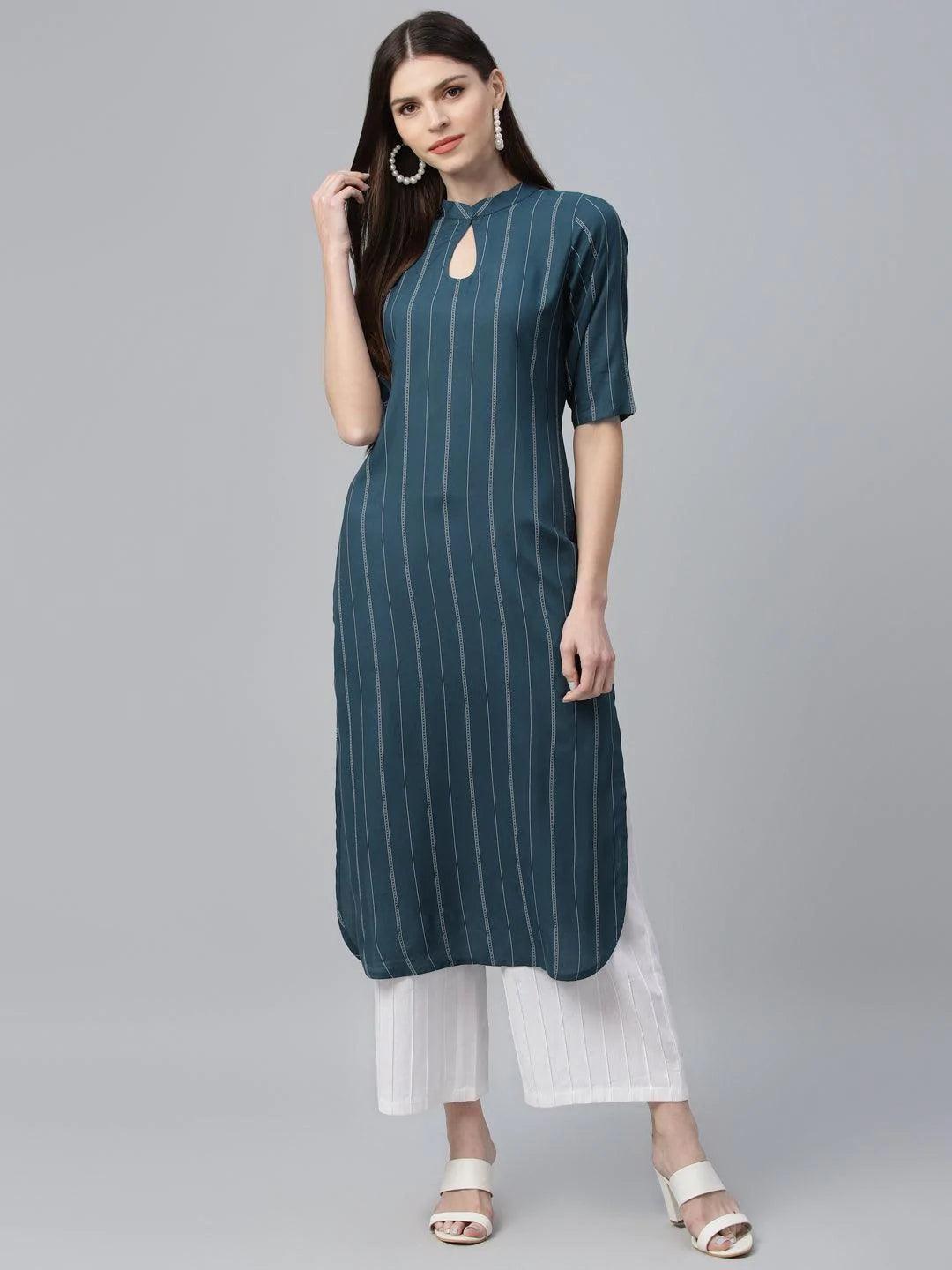 Blue Striped Rayon Kurta - ShopLibas