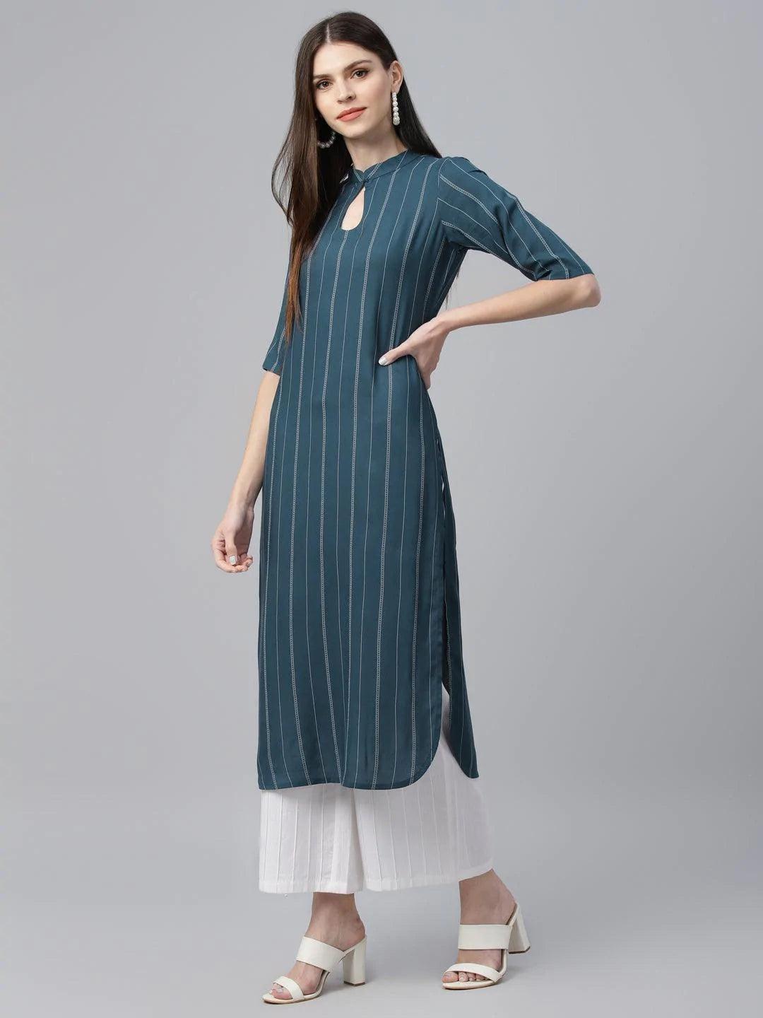 Blue Striped Rayon Kurta - ShopLibas