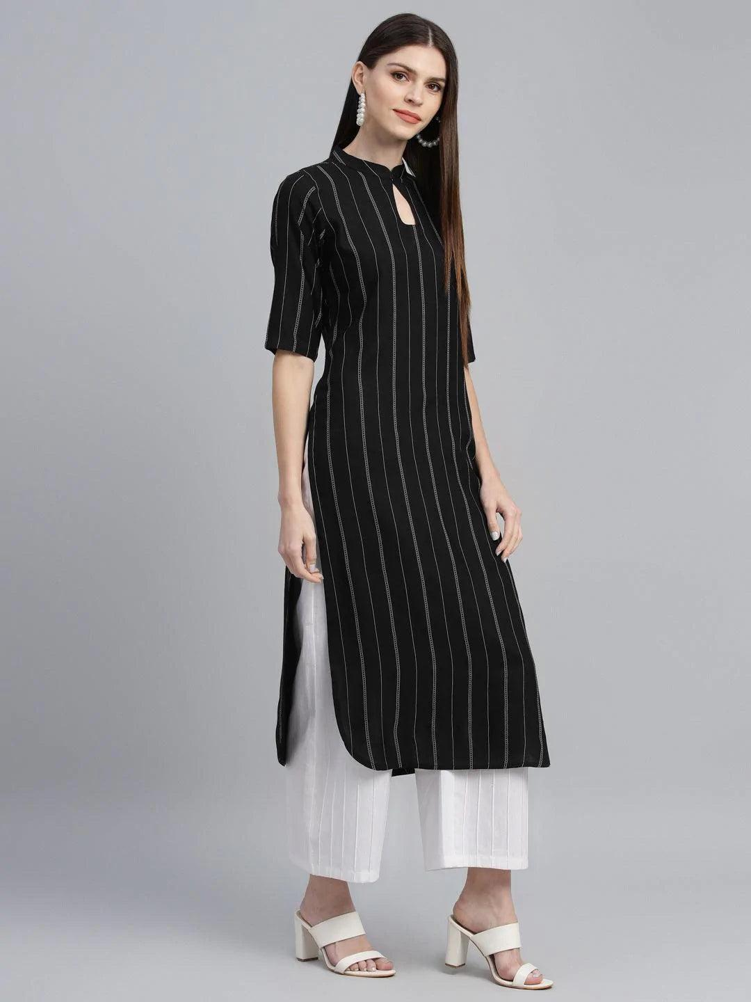 Black Striped Rayon Kurta - ShopLibas