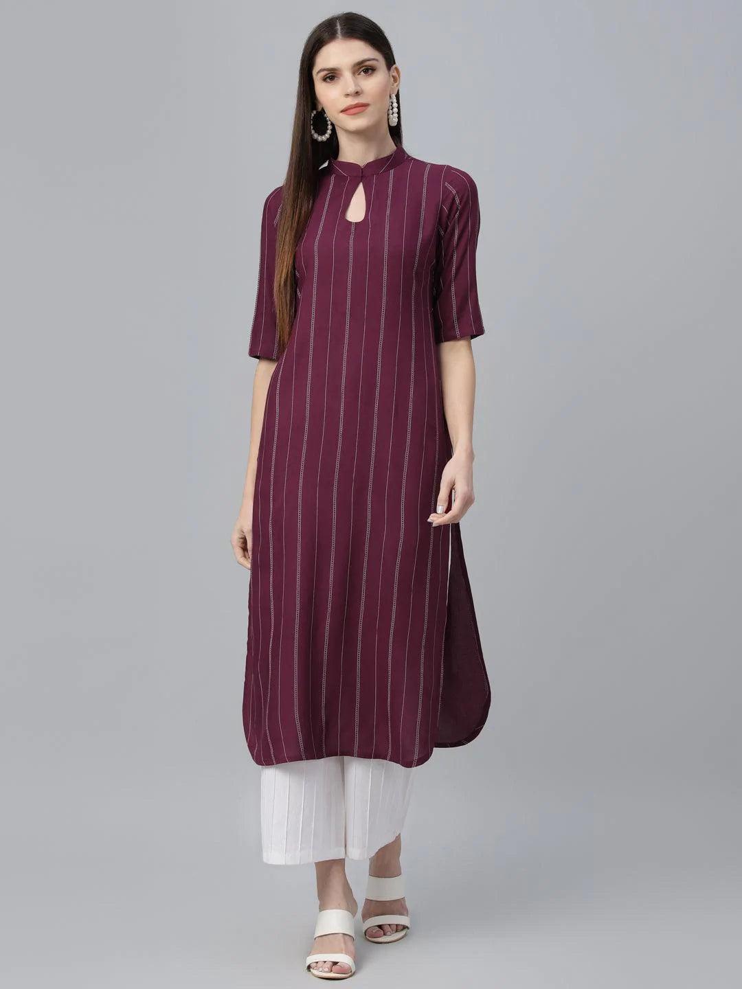 Maroon Striped Rayon Kurta - ShopLibas