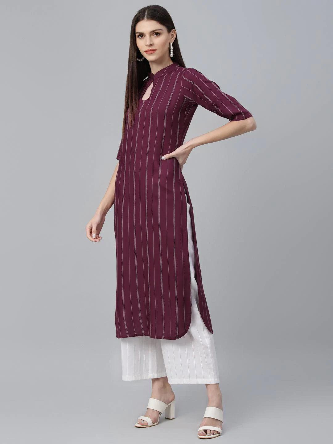 Maroon Striped Rayon Kurta - ShopLibas