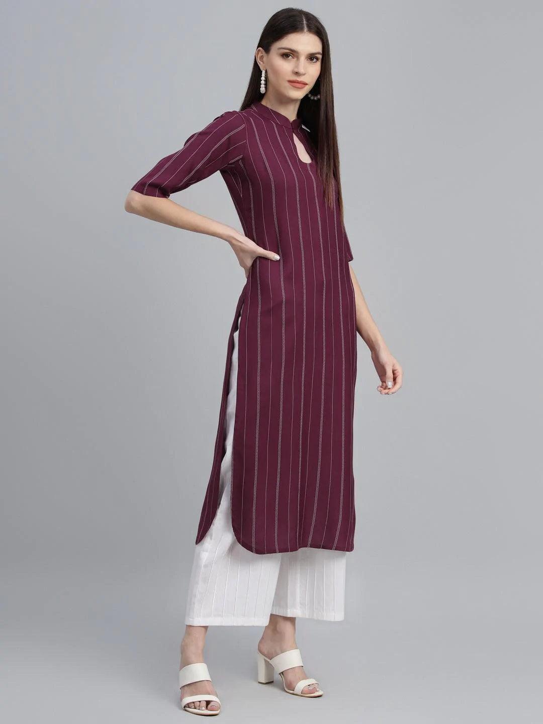 Maroon Striped Rayon Kurta - ShopLibas