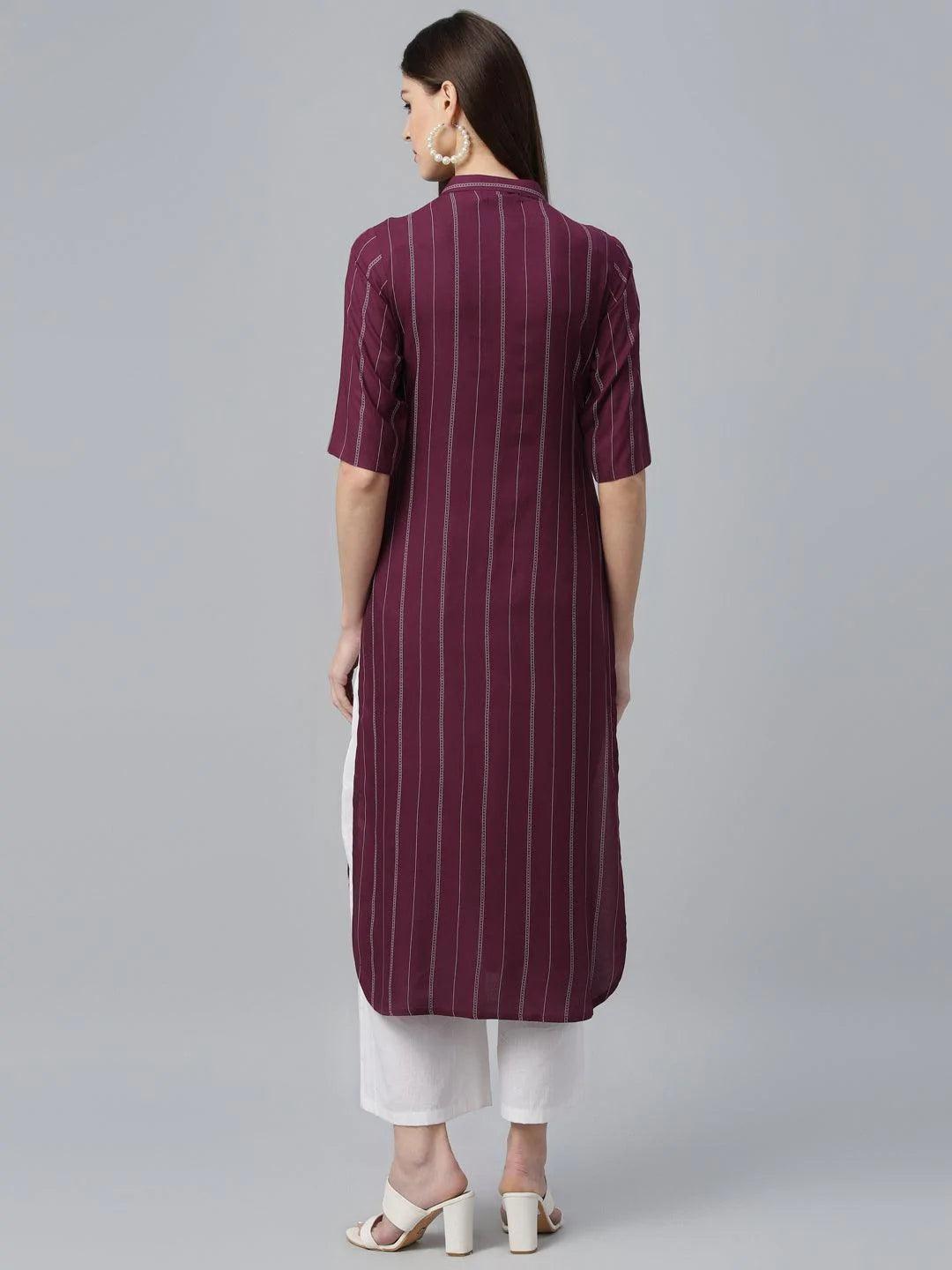 Maroon Striped Rayon Kurta - ShopLibas