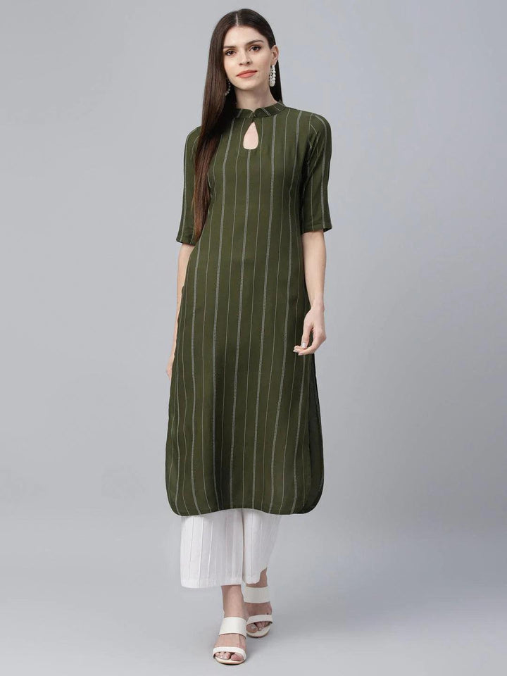 Green Striped Rayon Kurta