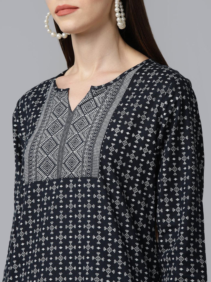 Navy Blue Printed Cotton Kurti