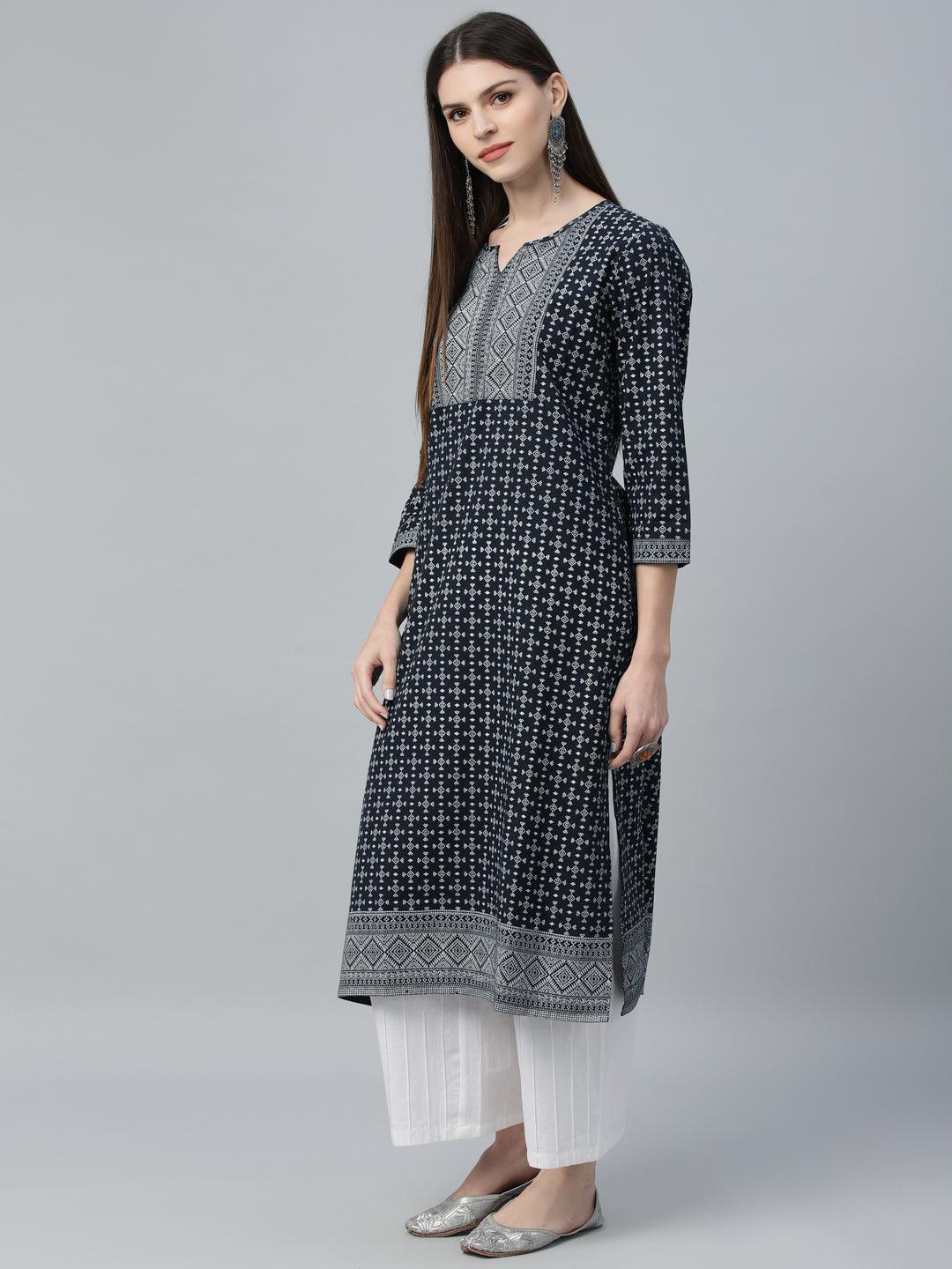 Navy Blue Printed Cotton Kurta - ShopLibas