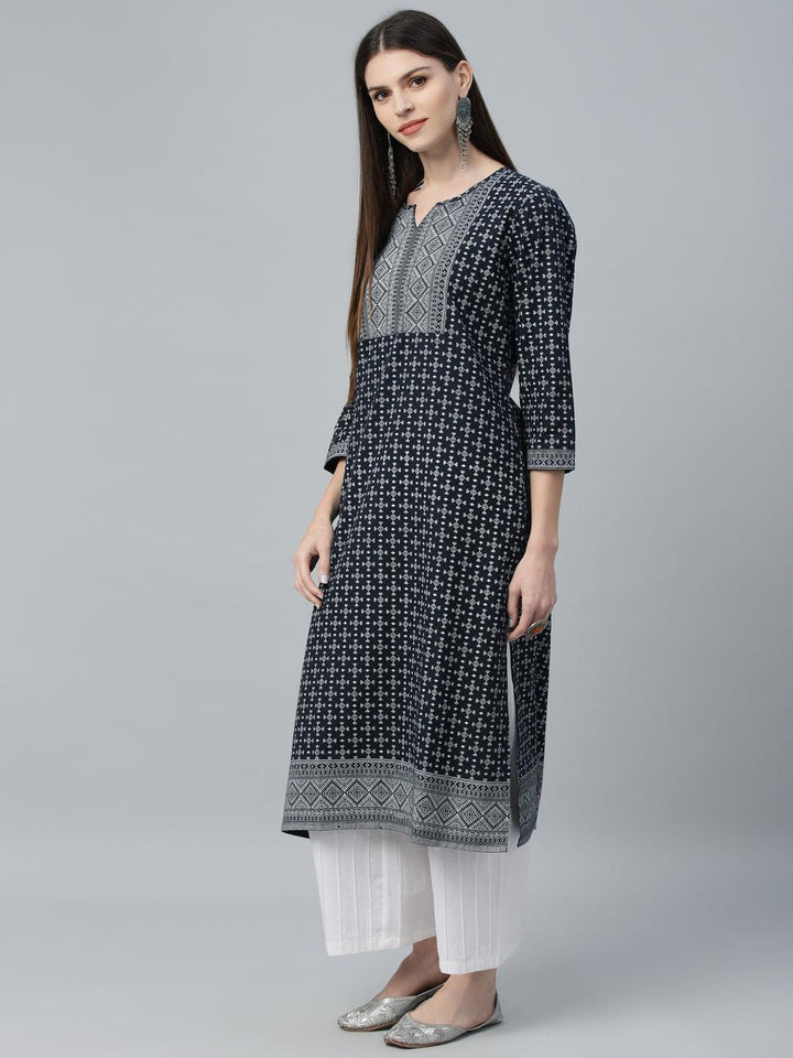 Navy Blue Printed Cotton Kurta