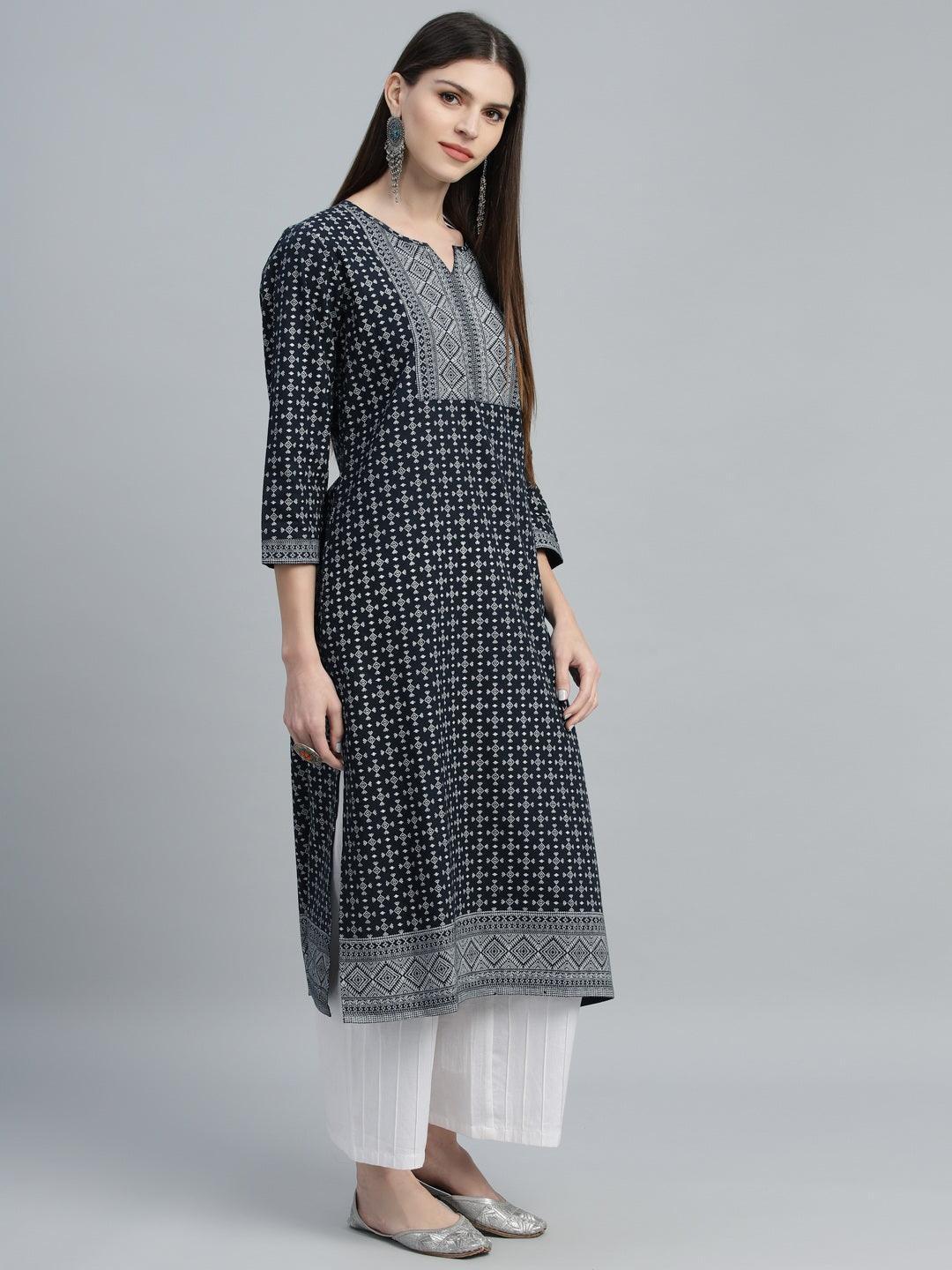 Navy Blue Printed Cotton Kurta - ShopLibas