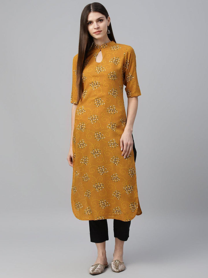 Yellow Printed Rayon Kurta