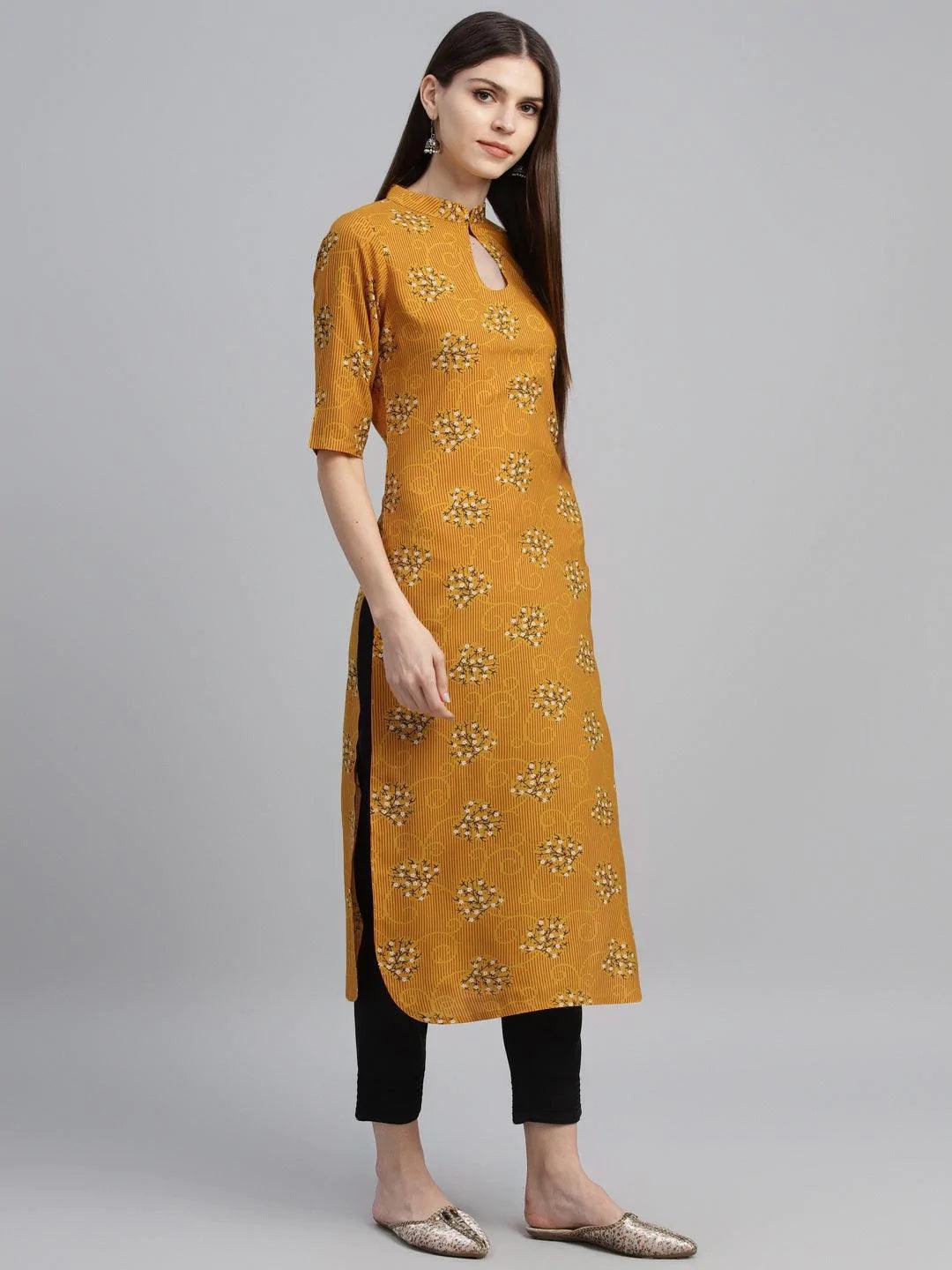 Yellow Printed Rayon Kurta - ShopLibas