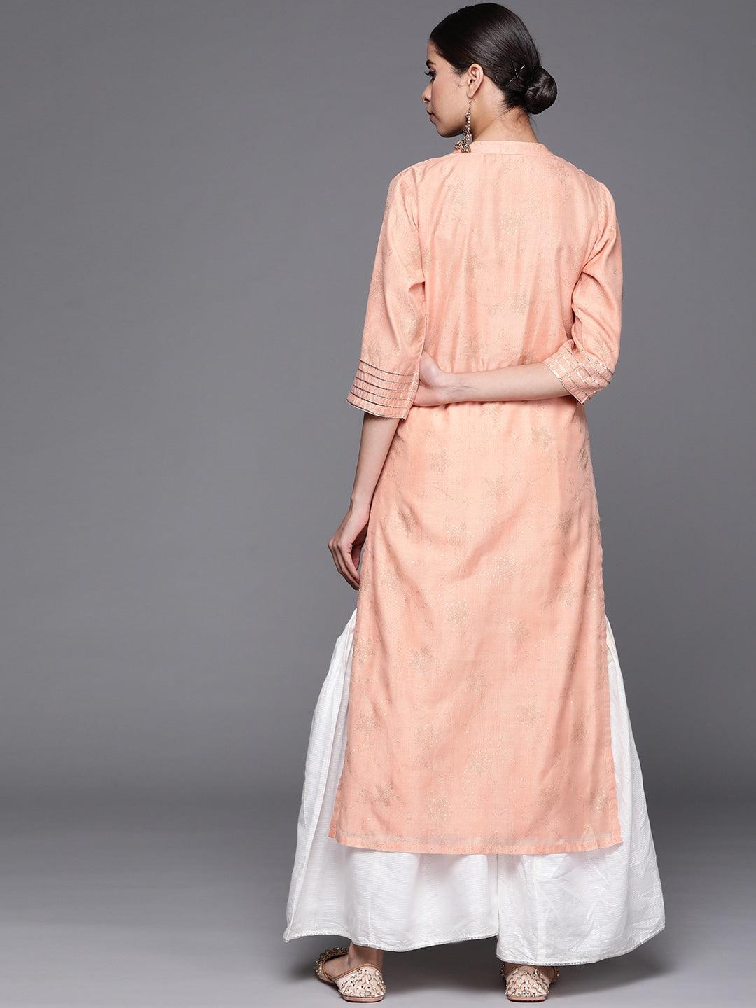 Peach Printed Chanderi Silk Kurta - ShopLibas