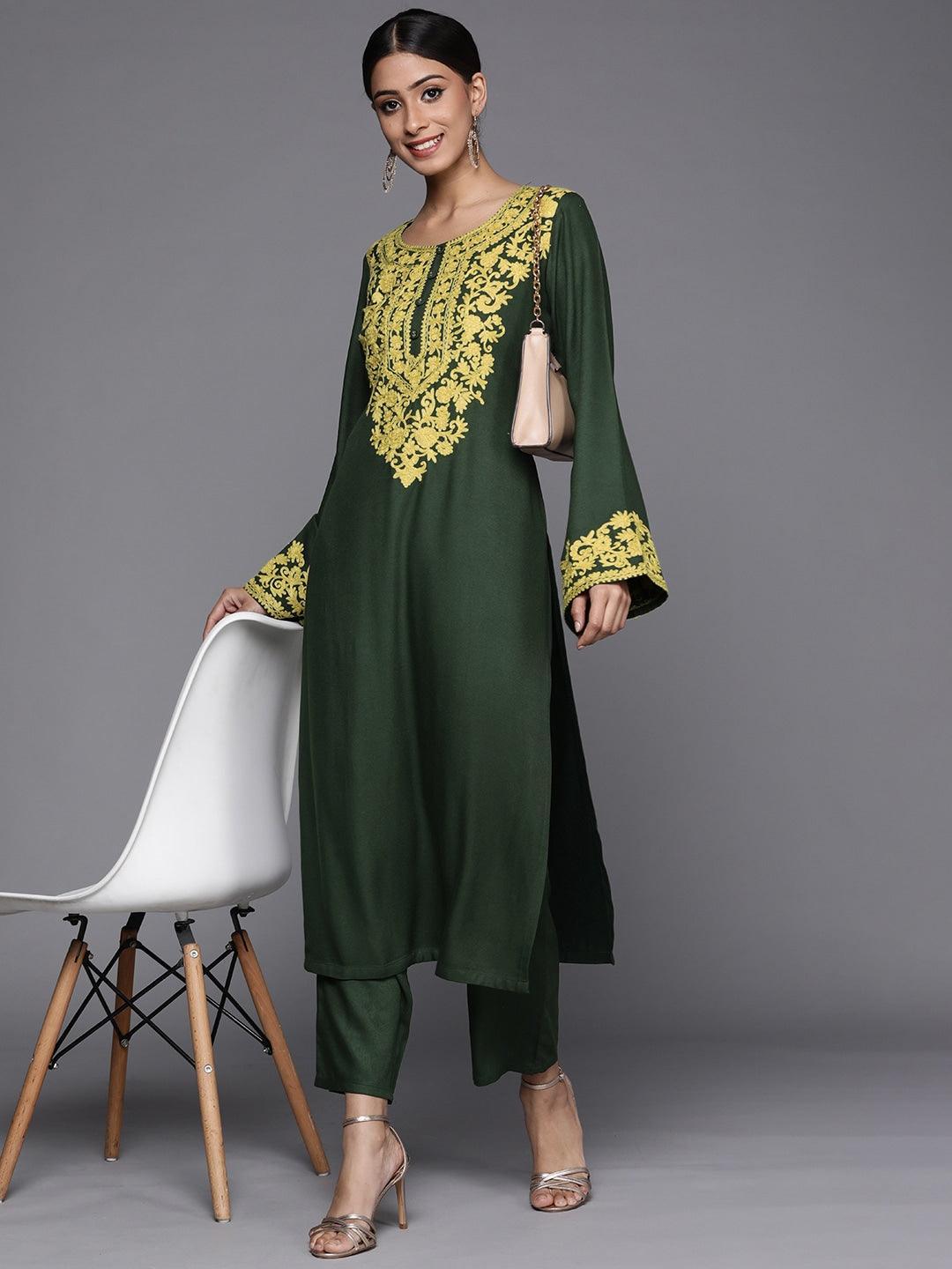 Green Printed Pashmina Wool Kurta - ShopLibas
