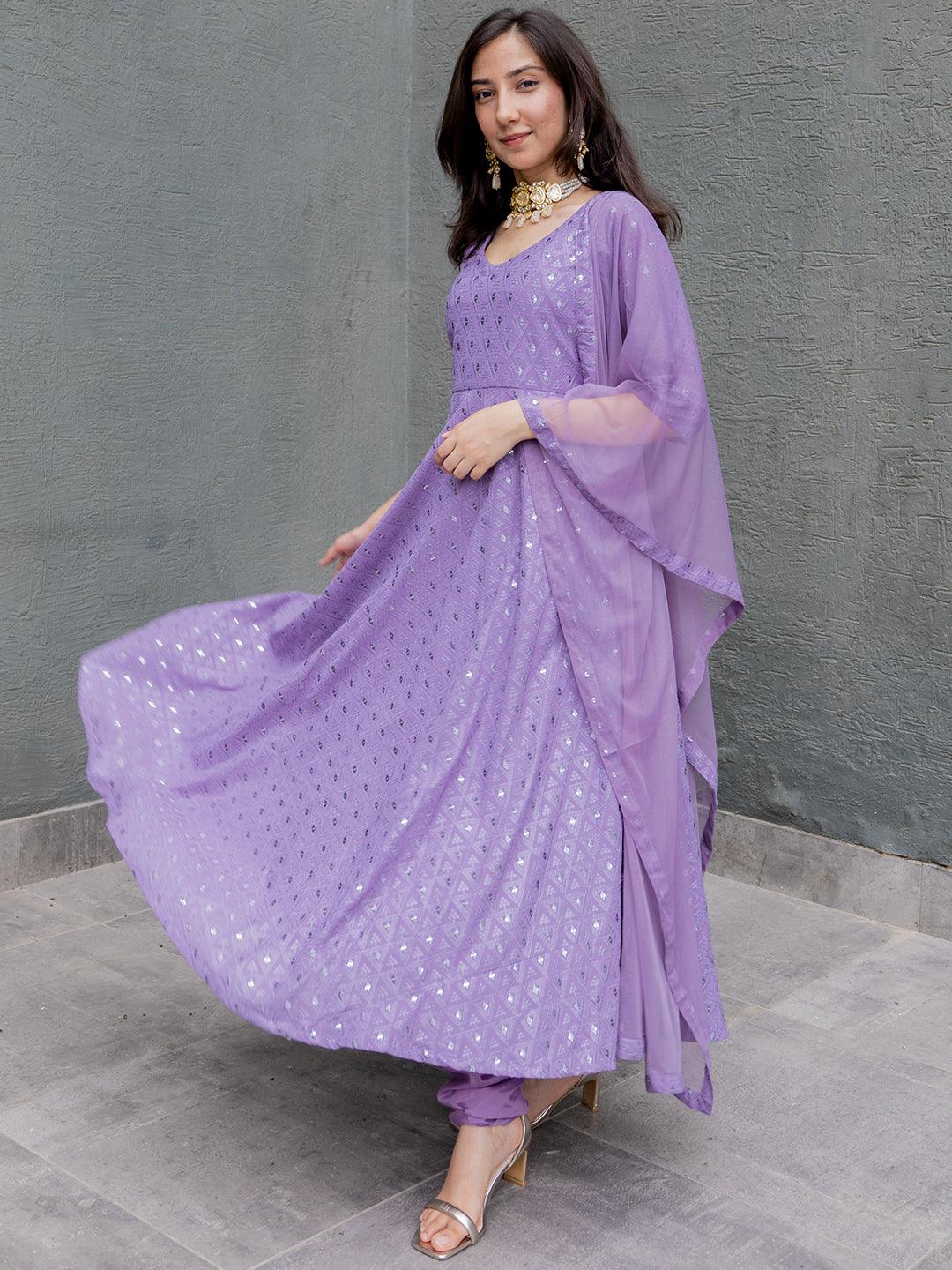 Lavender Embroidered Georgette Anarkali Kurta With Churidar Dupatta