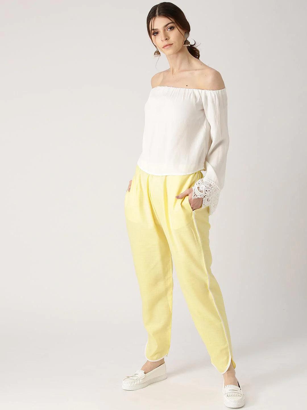 Yellow Solid Cotton Trousers - ShopLibas